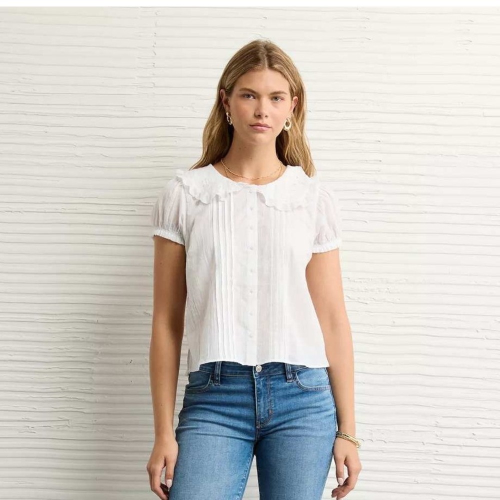 AE x The Summer I Turned Pretty Collared Puff Sleeve Blouse XL Eyelet Peter Pan